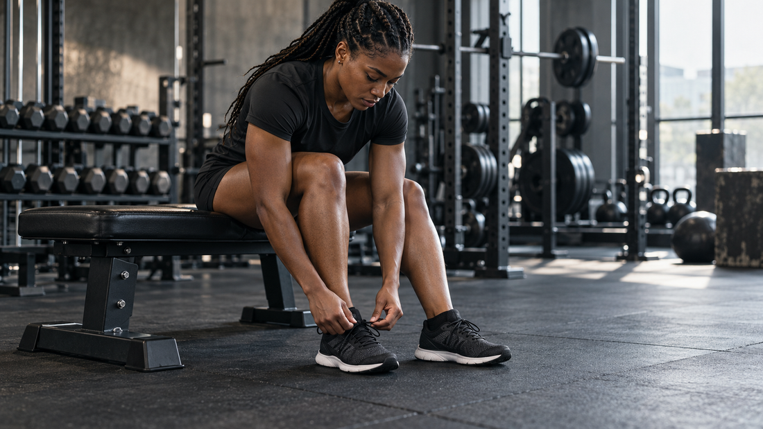 Athlete seated on a gym bench tying her shoes before training.