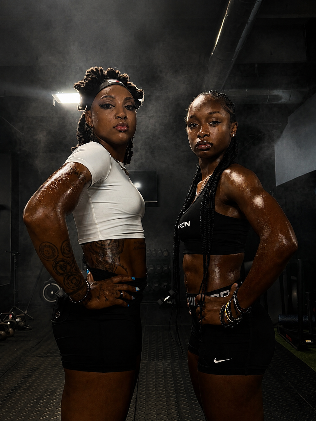 Two women posing in a dark gym environment, wearing Vyron athletic wear. The woman on the left wears a white cropped t-shirt and black shorts, while the woman on the right wears a black sports bra and black shorts with a visible Nike swoosh.