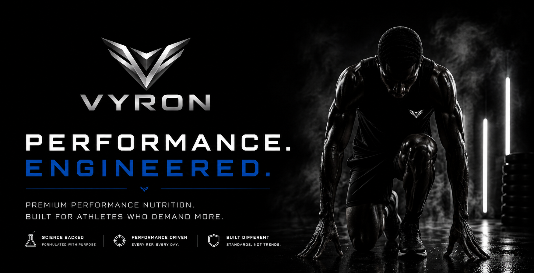 Vyron Performance homepage hero banner featuring metallic Vyron logo on black background for athletes and high performers